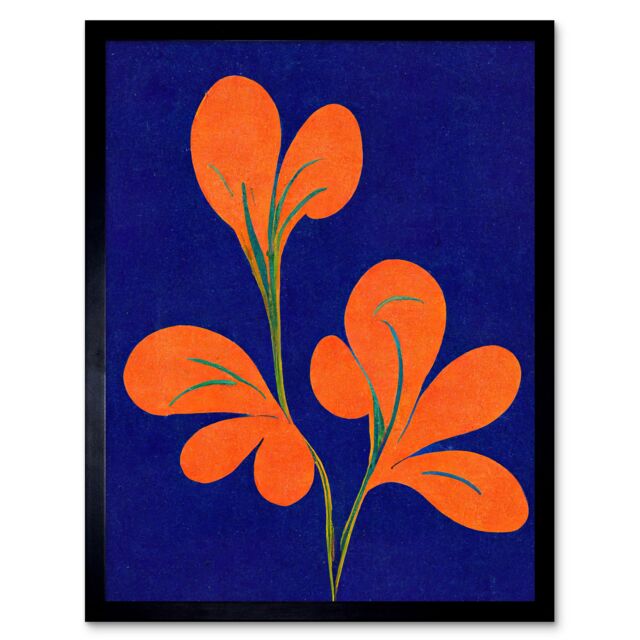 "Artery8 Wall Art Print Henri Matisse Inspired Bright Abstract Orange Flower Blooms On Royal Blue Art Framed in Black - Size: W12"" x H16""" - image 1