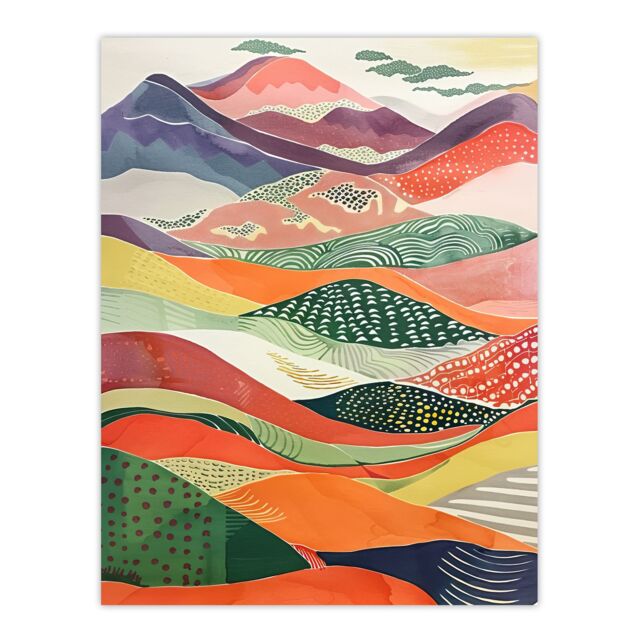 "Artery8 Colourful Countryside Hills Folk Art Landscape Wall Art Print - Size: W18"" x H24""" - image 1