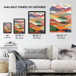 "Artery8 Colourful Countryside Hills Folk Art Landscape Wall Art Print - Size: W18"" x H24""" - thumbnail 3