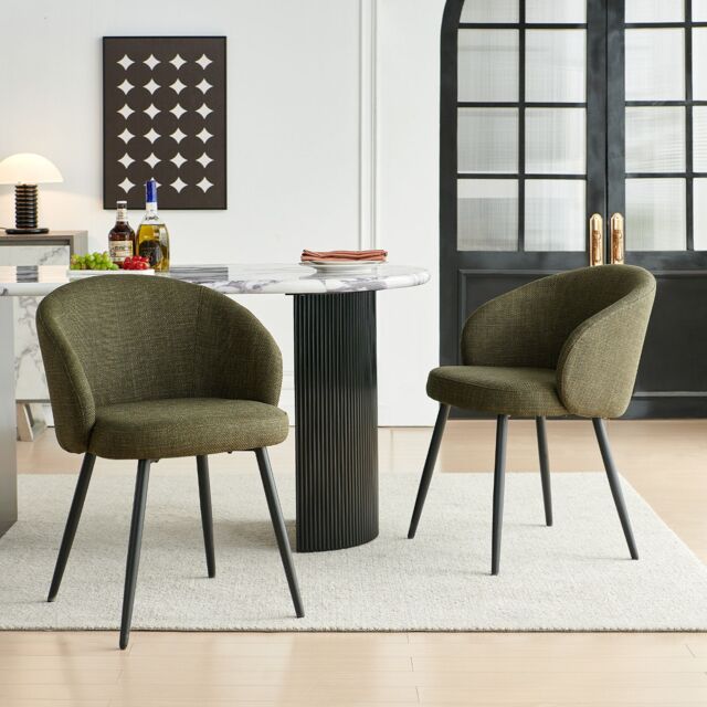 SONARA Modern Set of 2 Chunky Weave Fabric Ergonomic Dining Chairs with Arms in Green - image 1