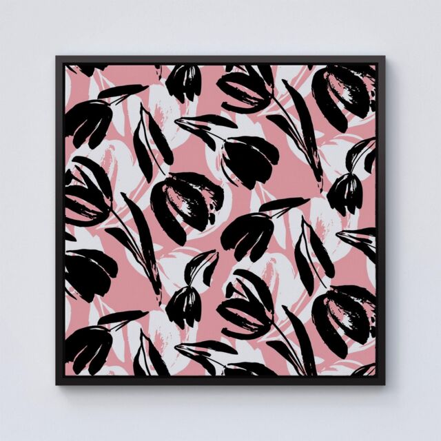"Warren Reed - Designer Nature Flat Spring Flower Motif In Pink & Black Color Framed Canvas - Size: W30"" x H30""" - image 1
