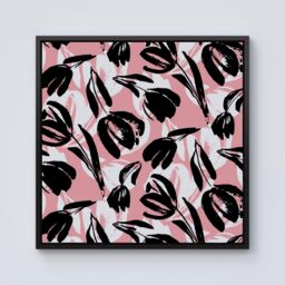 "Warren Reed - Designer Nature Flat Spring Flower Motif In Pink & Black Color Framed Canvas - Size: W30"" x H30""" - thumbnail 1