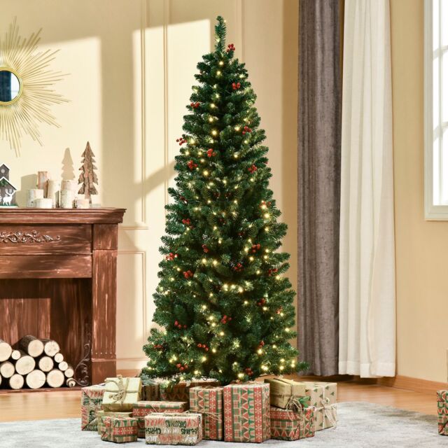 HOMCOM 6ft Artificial Pencil Christmas Tree with LED Light Berry Xmas Decor in Green - image 1