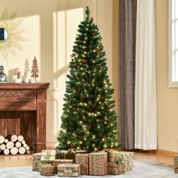 HOMCOM 6ft Artificial Pencil Christmas Tree with LED Light Berry Xmas Decor in Green - thumbnail 1