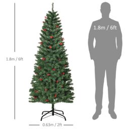 HOMCOM 6ft Artificial Pencil Christmas Tree with LED Light Berry Xmas Decor in Green - thumbnail 3