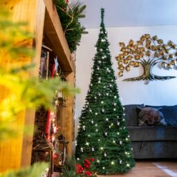 Shatchi 6Ft Prelit Pop up Christmas Tree with Silver Baubles & Battery Operated LED Warm White Lights in Green - thumbnail 5