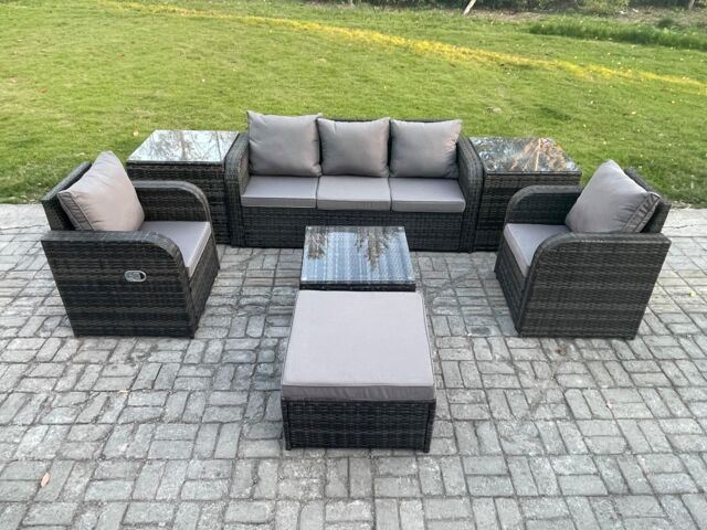 Fimous Garden Furniture Sets 6 Pieces Wicker Rattan Furniture Patio Sofa Sets with Reclining Chair 3 Seater Sofa in Dark Grey - image 1