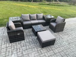 Fimous Garden Furniture Sets 6 Pieces Wicker Rattan Furniture Patio Sofa Sets with Reclining Chair 3 Seater Sofa in Dark Grey - thumbnail 2