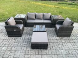 Fimous Garden Furniture Sets 6 Pieces Wicker Rattan Furniture Patio Sofa Sets with Reclining Chair 3 Seater Sofa in Dark Grey - thumbnail 1