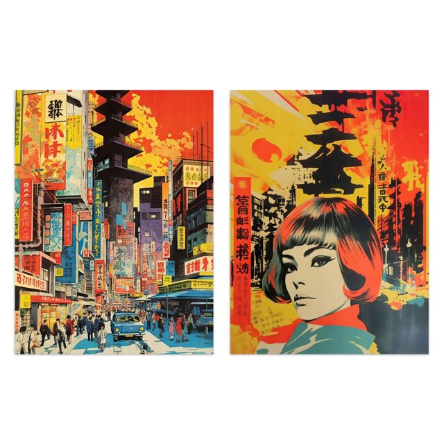 "Artery8 Wall Art Print Set of 2 Japan Fashion Street Scene 1960 Cityscape Orange Yellow 2 Pack Posters - Size: W12"" x H16""" - image 1