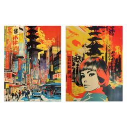 "Artery8 Wall Art Print Set of 2 Japan Fashion Street Scene 1960 Cityscape Orange Yellow 2 Pack Posters - Size: W12"" x H16""" - thumbnail 1