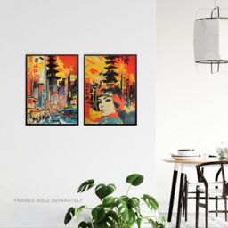 "Artery8 Wall Art Print Set of 2 Japan Fashion Street Scene 1960 Cityscape Orange Yellow 2 Pack Posters - Size: W12"" x H16""" - thumbnail 3