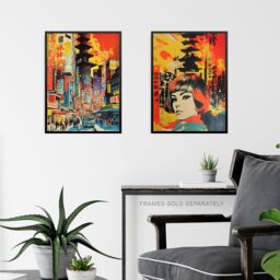 "Artery8 Wall Art Print Set of 2 Japan Fashion Street Scene 1960 Cityscape Orange Yellow 2 Pack Posters - Size: W12"" x H16""" - thumbnail 6