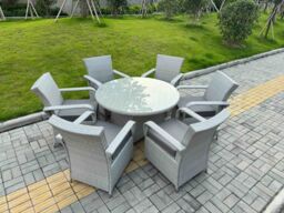 Fimous Rattan Garden Furniture Set 1 Big Round Coffee Table & 6 Seater Chairs in Light Grey - thumbnail 1