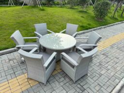 Fimous Rattan Garden Furniture Set 1 Big Round Coffee Table & 6 Seater Chairs in Light Grey - thumbnail 2