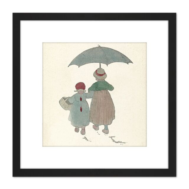 Artery8 Bergh Children Motif Design Umbrella Illustration 8X8 Inch Square Wooden Framed Wall Art Print Picture with Mount in Black - image 1