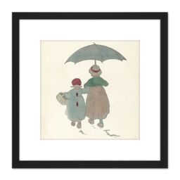 Artery8 Bergh Children Motif Design Umbrella Illustration 8X8 Inch Square Wooden Framed Wall Art Print Picture with Mount in Black - thumbnail 1