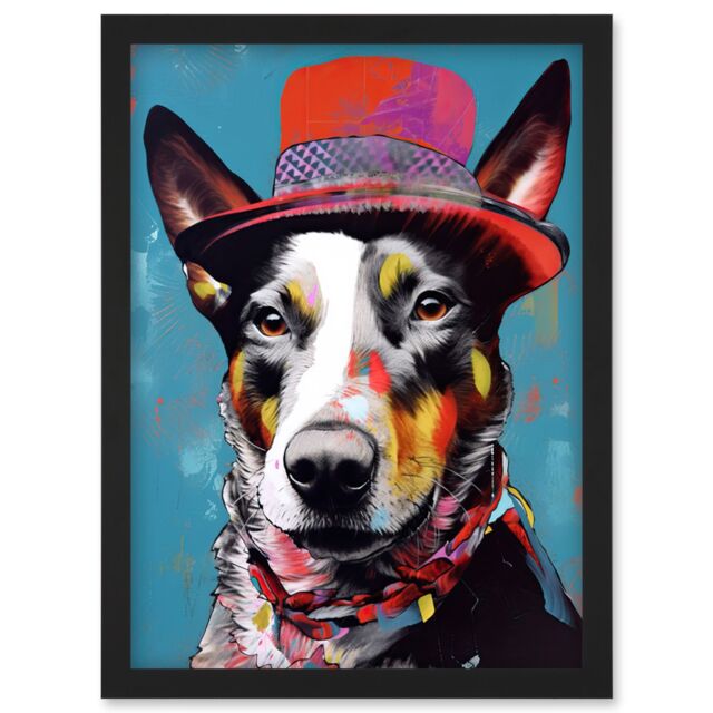 Artery8 Australian Kelpie with Red Top Hat Modern Folk Art Artwork Framed Wall Art Print A4 in Black - image 1