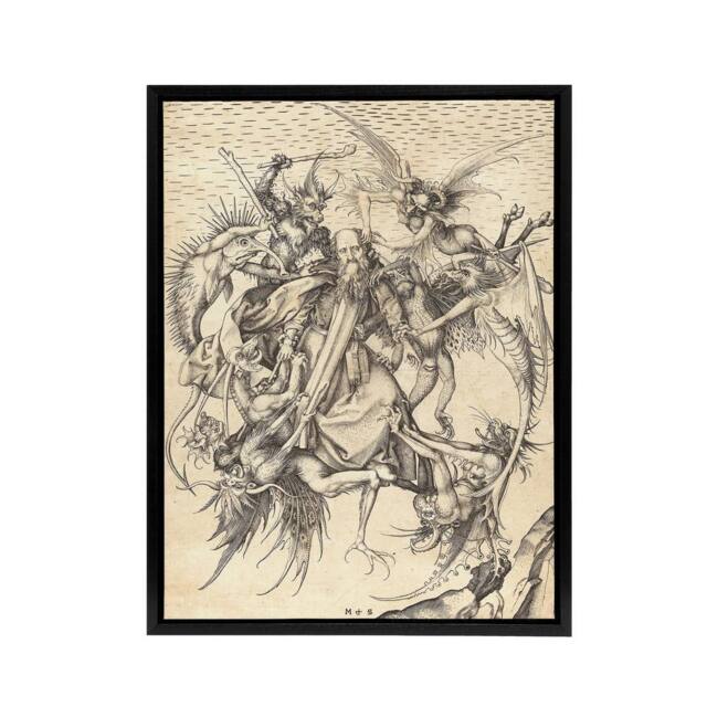 "Artery8 Schongauer Temptation Saint Anthony Framed Canvas Wall Art Print in Beige - Size: W18"" x H24""" - image 1