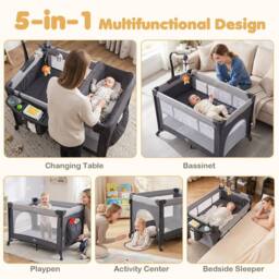 Costway 5 in 1 Baby Travel Bassinet Bedside Sleeper with Changing Table & Mattress in Black - thumbnail 5