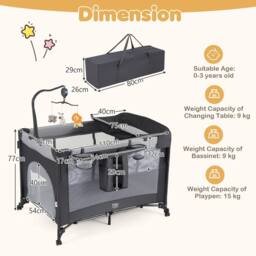 Costway 5 in 1 Baby Travel Bassinet Bedside Sleeper with Changing Table & Mattress in Black - thumbnail 2