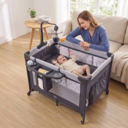 Costway 5 in 1 Baby Travel Bassinet Bedside Sleeper with Changing Table & Mattress in Black - thumbnail 4