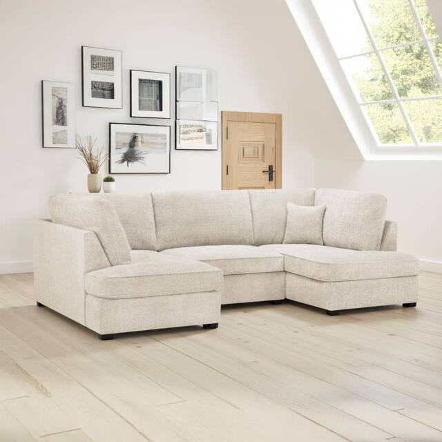 Furnishings For Less UK California Boucle Beige U shaped 6 Seater Sofa + Footstool - image 1