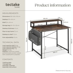 tectake Desk - With Shelving & Fabric Storage Bag in Brown - Size: 120 cm x 60 cm - thumbnail 6