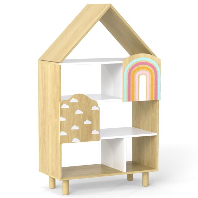 Costway Dollhouse Bookshelf House-shaped Bookcase with 2 Doors in Natural - image 1