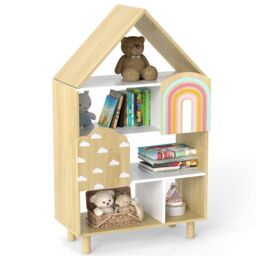 Costway Dollhouse Bookshelf House-shaped Bookcase with 2 Doors in Natural - thumbnail 3