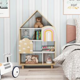 Costway Dollhouse Bookshelf House-shaped Bookcase with 2 Doors in Natural - thumbnail 9