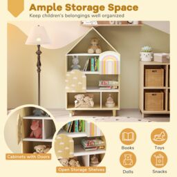 Costway Dollhouse Bookshelf House-shaped Bookcase with 2 Doors in Natural - thumbnail 4