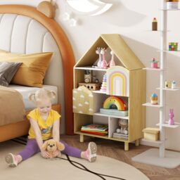 Costway Dollhouse Bookshelf House-shaped Bookcase with 2 Doors in Natural - thumbnail 8