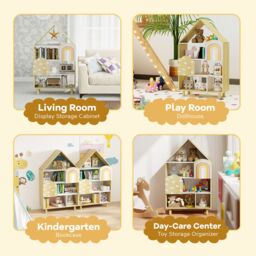 Costway Dollhouse Bookshelf House-shaped Bookcase with 2 Doors in Natural - thumbnail 6
