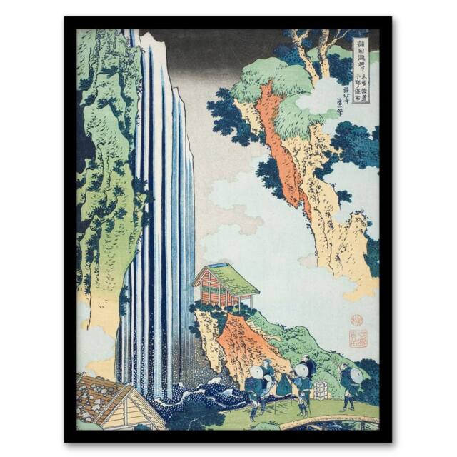 "Artery8 Ono Waterfall Kisokaido Road Vintage Japan Framed Wall Art Print Hokusai in Green - Size: W12"" x H16""" - image 1