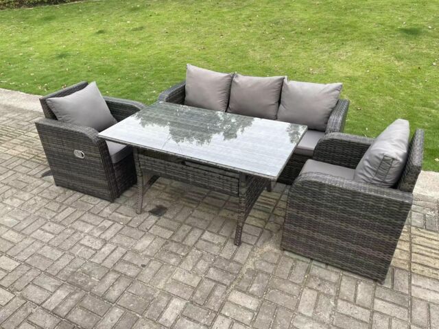 Fimous Rattan Garden Furniture Set 3 Seater Lounge Sofa Reclining Chair Outdoor Rectangular Dining Table 5 Seater in Dark Grey - image 1