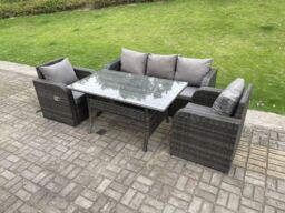 Fimous Rattan Garden Furniture Set 3 Seater Lounge Sofa Reclining Chair Outdoor Rectangular Dining Table 5 Seater in Dark Grey - thumbnail 2