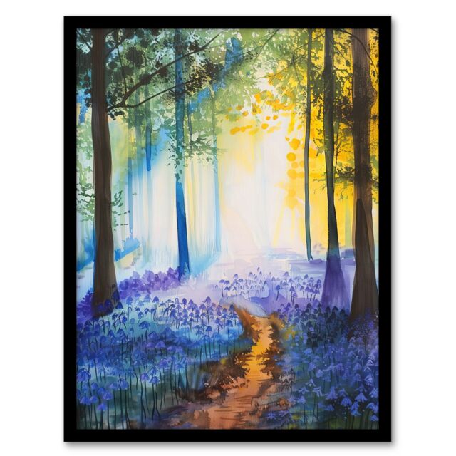 Artery8 Bluebell Woods Misty Forest Morning Watercolour Framed Art Print - Size: A4 - image 1