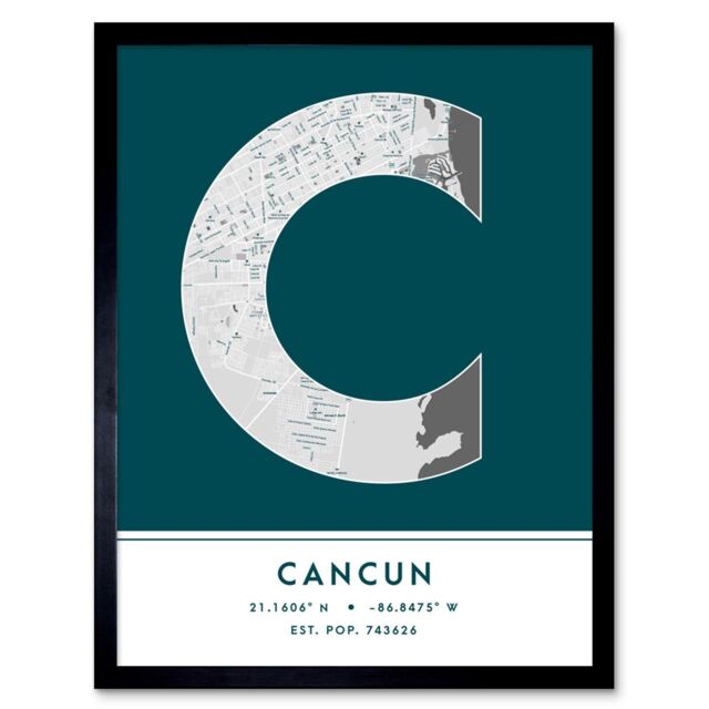 "Wee Blue Coo Wall Art Print Cancun Mexico City Map Modern Typography Stylish Letter Framed Word in Teal - Size: W12"" x H16""" - image 1