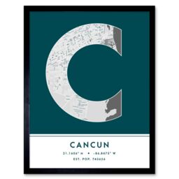 "Wee Blue Coo Wall Art Print Cancun Mexico City Map Modern Typography Stylish Letter Framed Word in Teal - Size: W12"" x H16""" - thumbnail 1