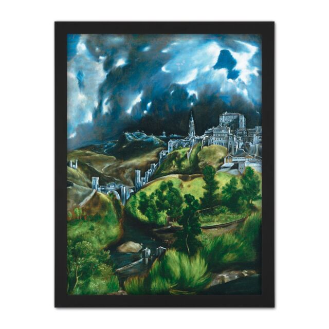 "Artery8 Wall Art Print El Greco View Of Toledo Spain Expressive Painting Large Framed Wall Décor Art in Light Oak - Size: W18"" x H24""" - image 1
