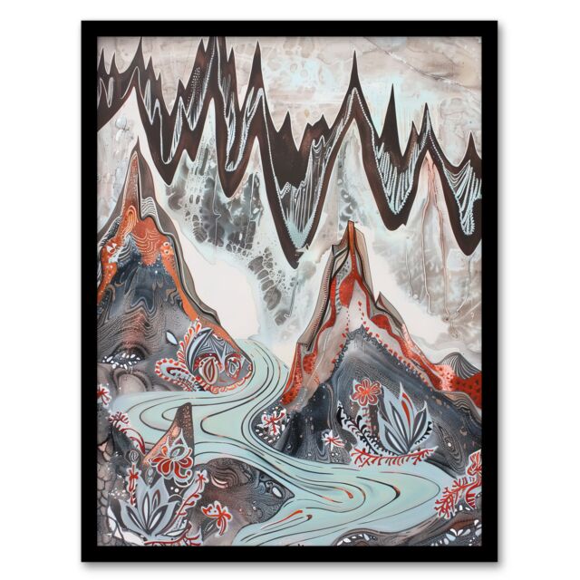 Artery8 Spiky Mountains River Trippy Floral Folk Art Framed Art Print in Grey - Size: A4 - image 1
