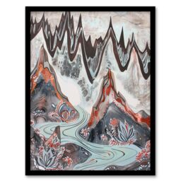 Artery8 Spiky Mountains River Trippy Floral Folk Art Framed Art Print in Grey - Size: A4 - thumbnail 1