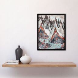 Artery8 Spiky Mountains River Trippy Floral Folk Art Framed Art Print in Grey - Size: A4 - thumbnail 4