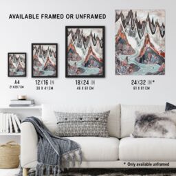 Artery8 Spiky Mountains River Trippy Floral Folk Art Framed Art Print in Grey - Size: A4 - thumbnail 3