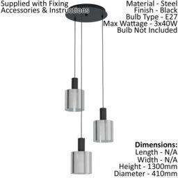 Loops Pendant Light Colour Black Shade Black Transparent Glass Vaporized E27 3x40W - thumbnail 2