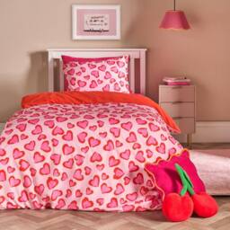 OHS Kids Hearts Leopard Microfibre Bedding Set Duvet Cover with Pillowcase in Pink - Size: Single - thumbnail 1