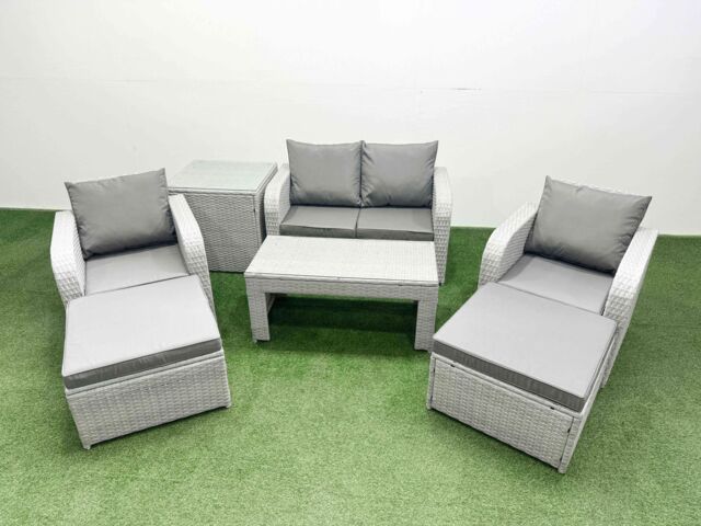 Fimous Light Grey PE Wicker Rattan Garden Furniture Set Sofa Set Reclining Adjustable Chair Oblong Coffee Table 6 Seater 2 Big Stools Side Table - image 1