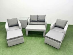 Fimous Light Grey PE Wicker Rattan Garden Furniture Set Sofa Set Reclining Adjustable Chair Oblong Coffee Table 6 Seater 2 Big Stools Side Table - thumbnail 2