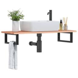Berkfield Home Elegant Basin Shelf Wall Mounted Steel & Solid Wood Oak in Brown - thumbnail 2